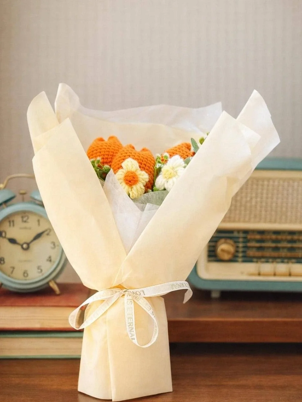 Fake Tulip Bouquet, Cream Tissue Wrapped, Non Wilting Flowers, Crochet Home